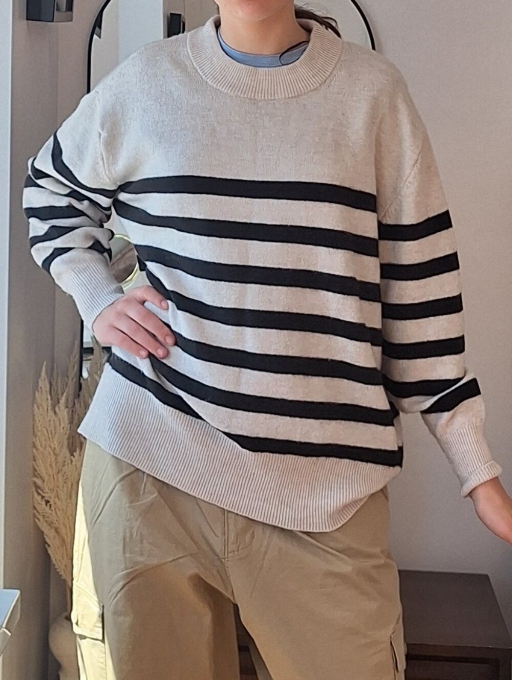 H&M Cream and Black Striped Crewneck Sweater